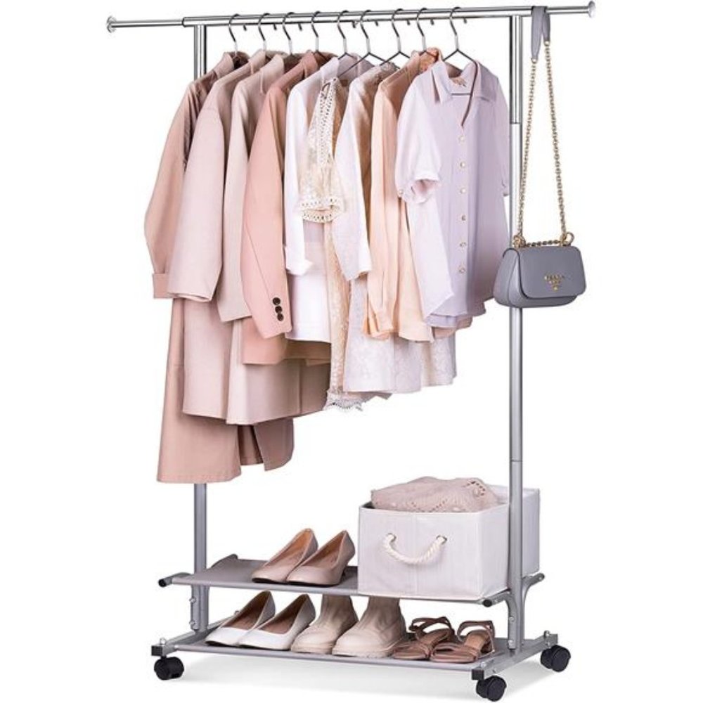 2 Shelves Clothing Racks, Garment Rack Heavy Duty Metal Wardrobe Rack, Grey